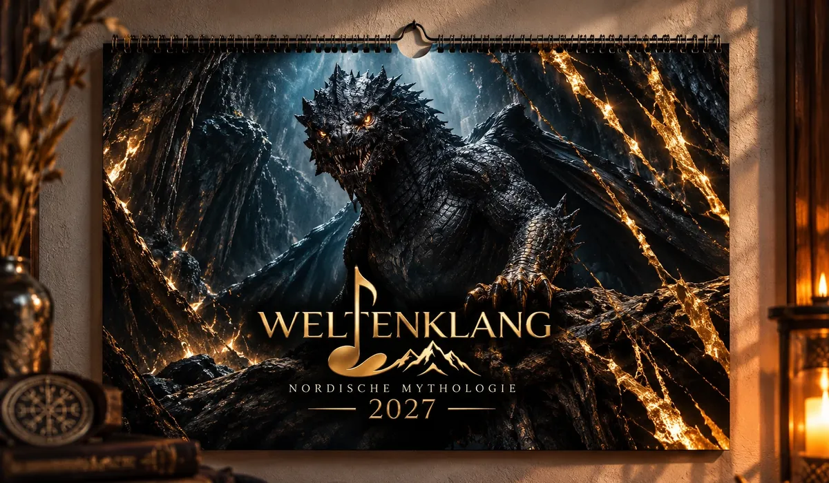 Der Wandkalender 2027 an einer Wand: ein schwarzer Drache zwischen gl&uuml;henden Rissen, darunter der Schriftzug Weltenklang